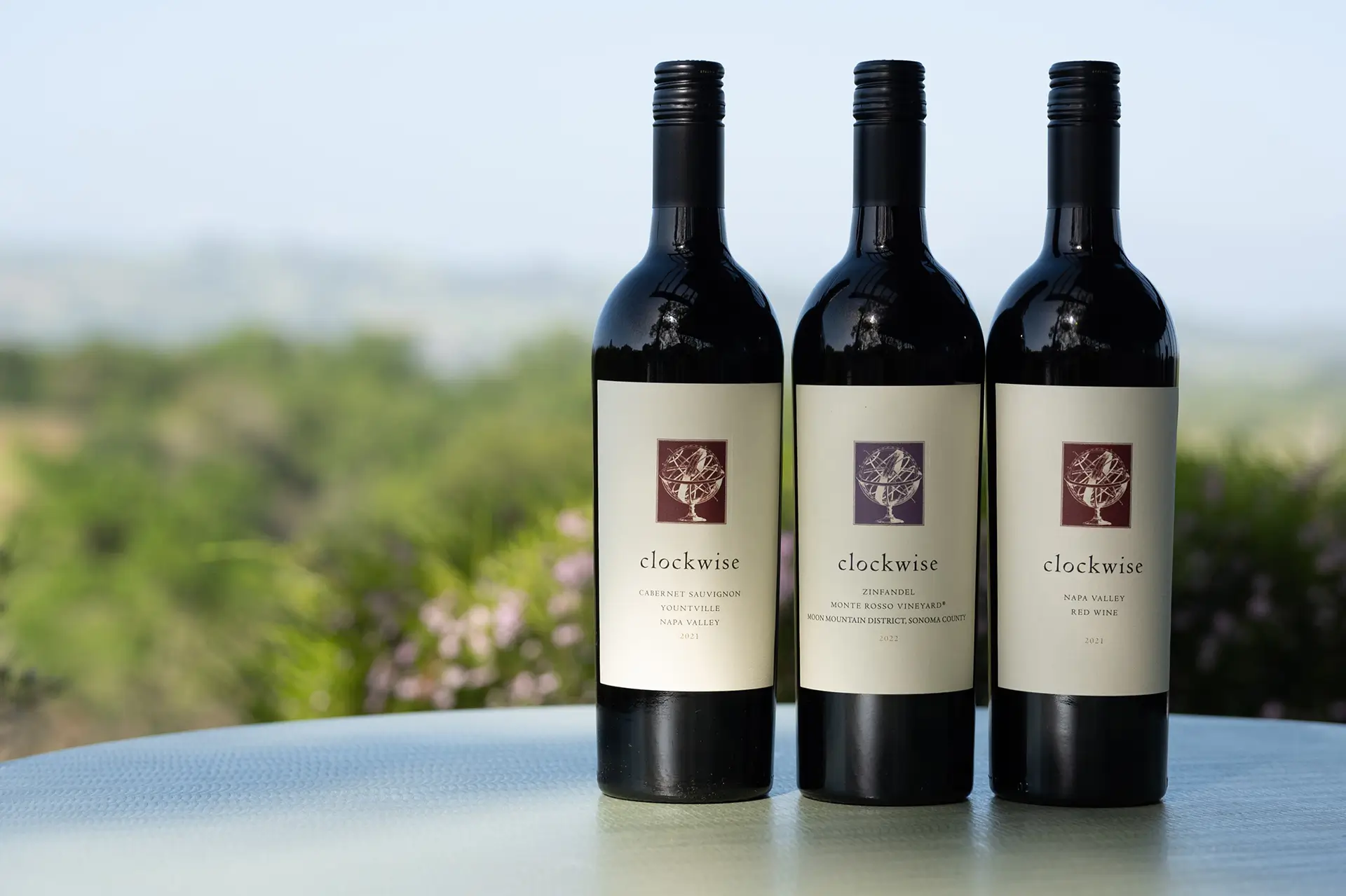 A lineup of Clockwise wines