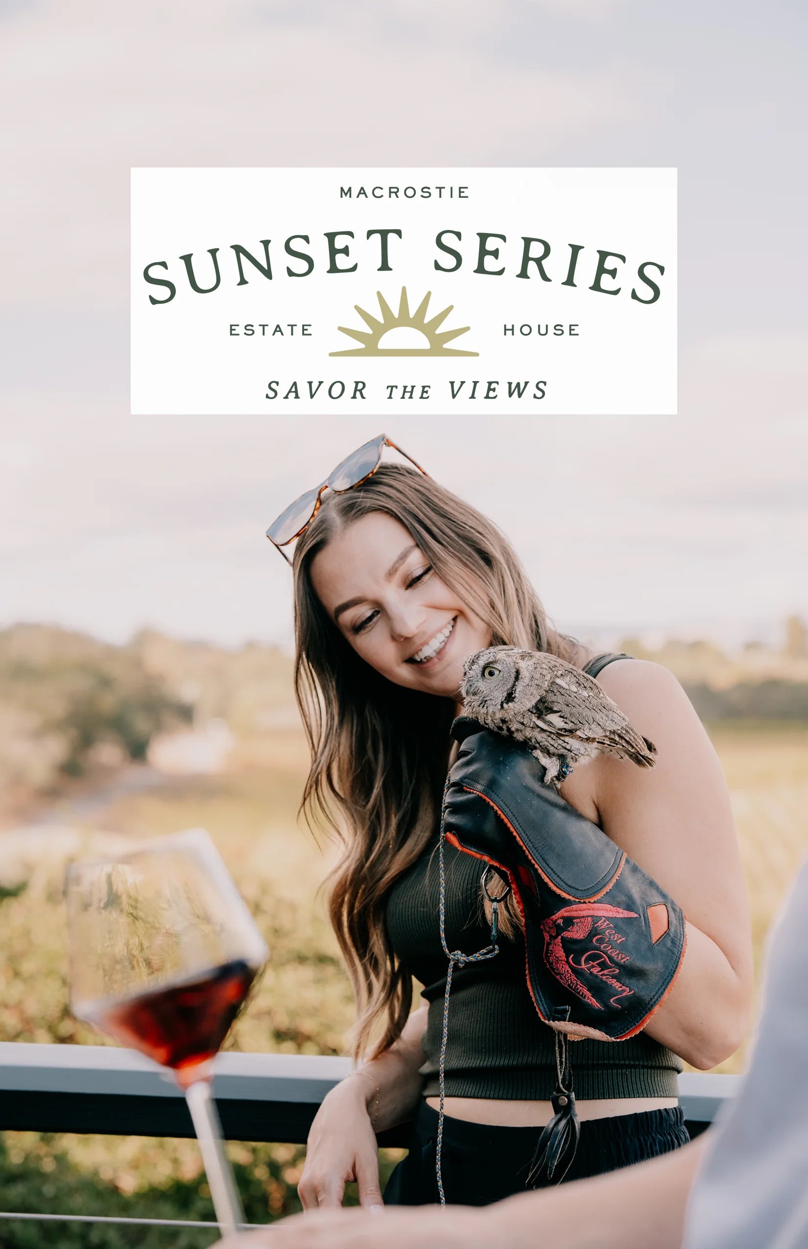 Person holding an owl with sunset series logo above their head.