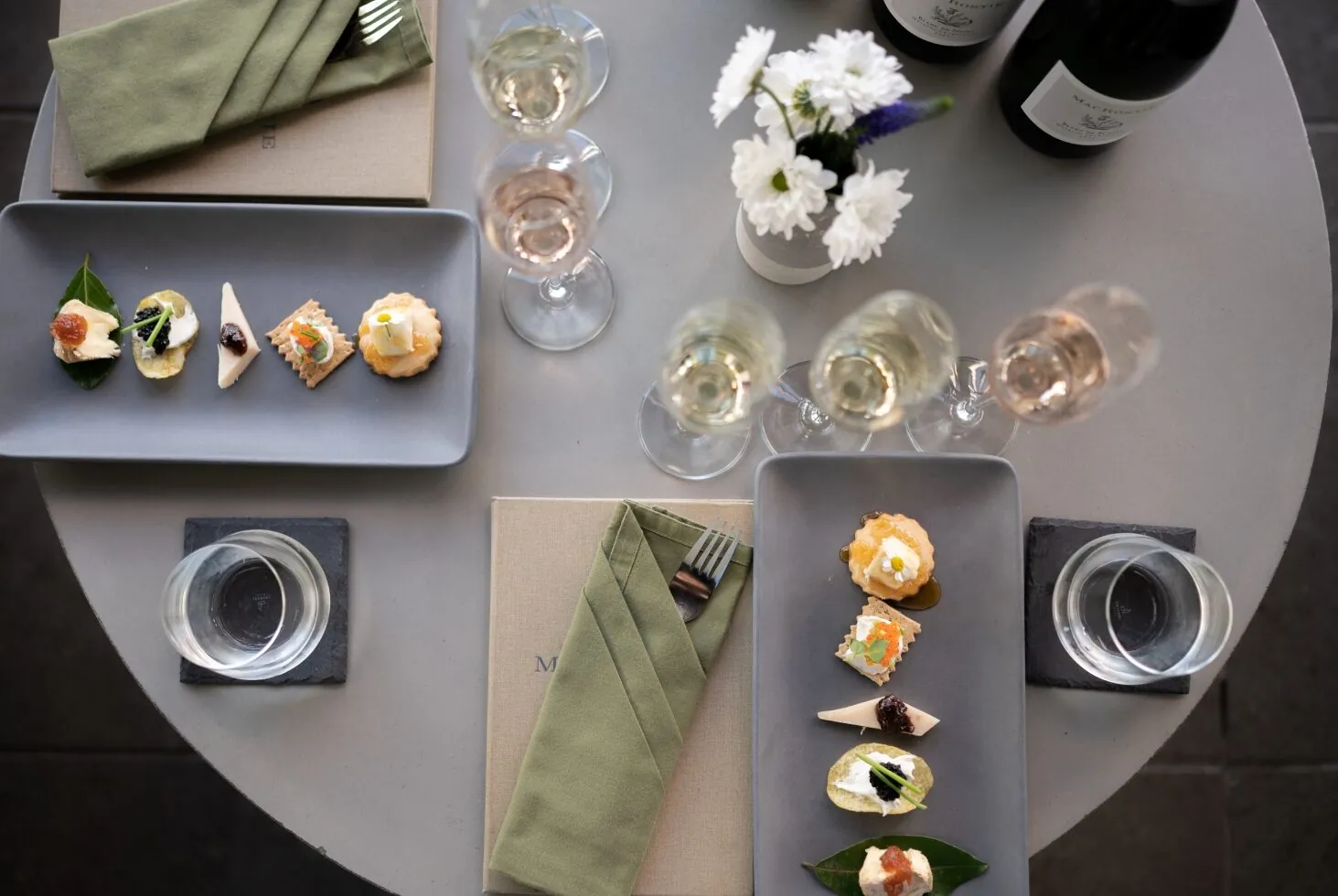 Table setting of MacRostie sparkling wines and food pairings