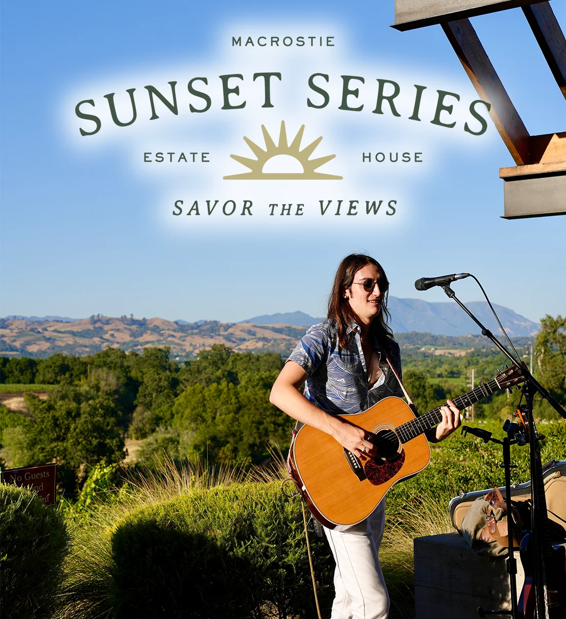 Sunset Series logo above musician performing at the MacRostie Estate HOuse
