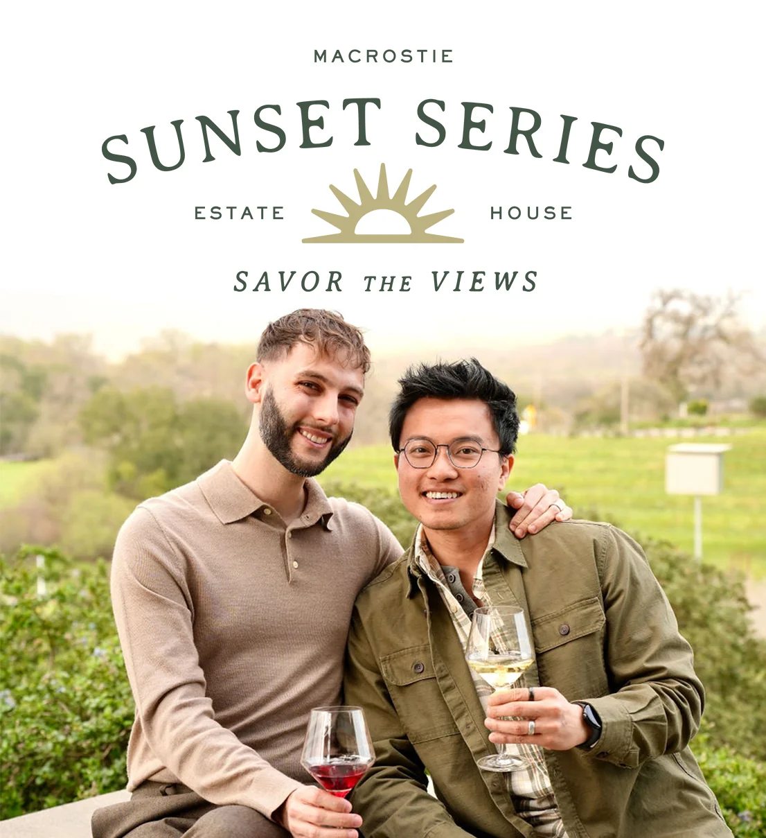 Sunset Series logo above a couple sitting outside the MacRostie Estate House