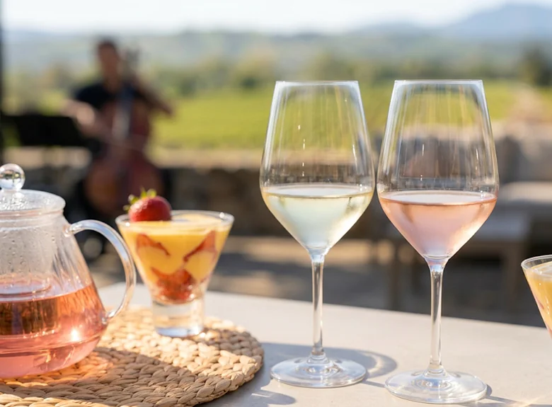 Glass of wine on a table with a vineyard view