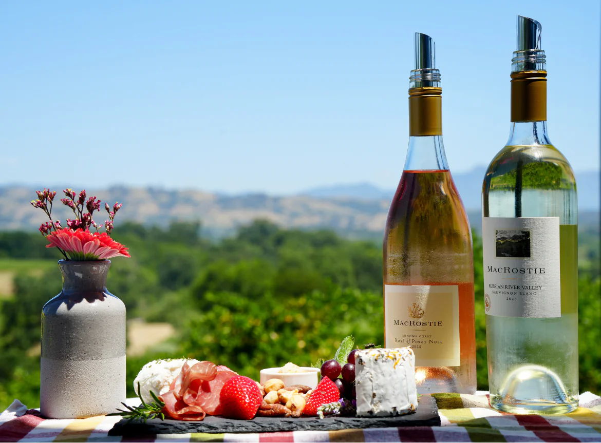 Cheese and fruit spread with rose and sauvignon blanc wine bottles